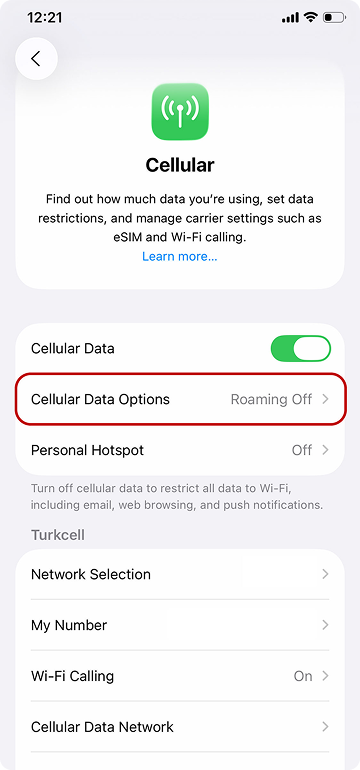 آیفون – مرحله ۳: تنظیمات Cellular Data Options