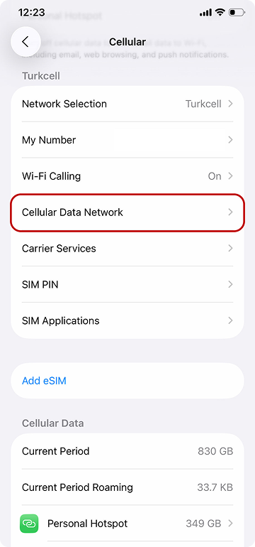 آیفون – مرحله ۵: فعال‌سازی Data Roaming در صورت نیاز